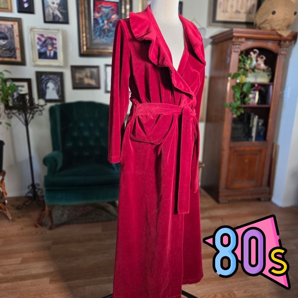 Vintage 80s Diamond Tea Red Velvet Robe Ruffle Collar Long Dress Gown Robe
